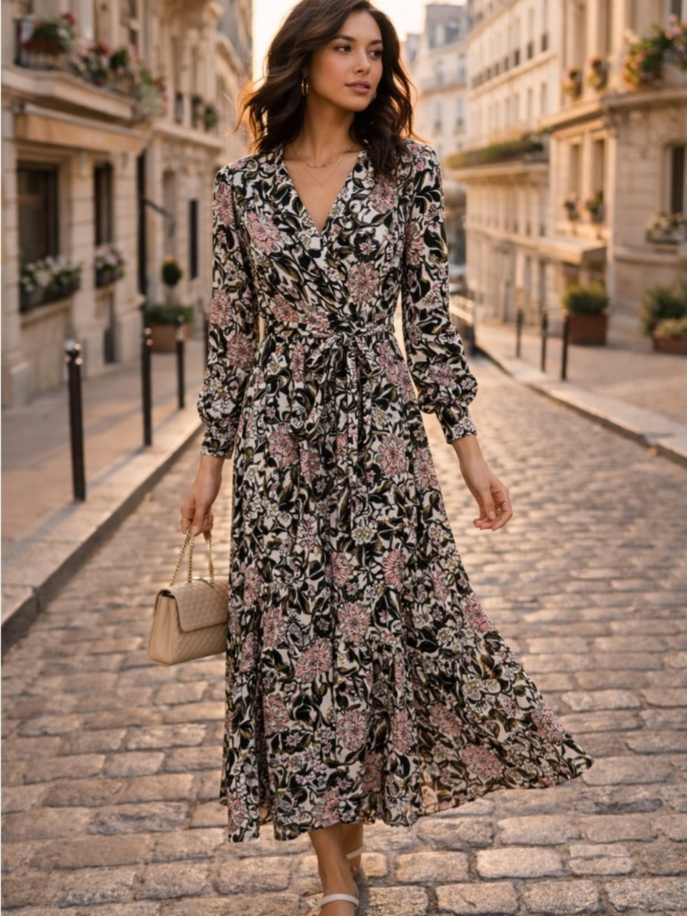 Atelier Reve Floral Midi Dress Cream Black Pink Size 36 Boho Romantic